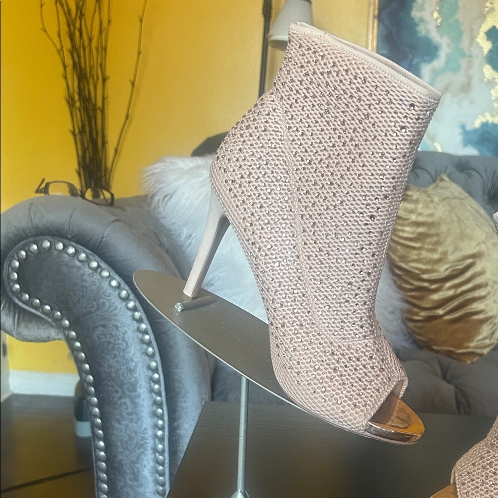 Elegant Cream Peep-Toe Ankle Boots - Picture 4 of 13